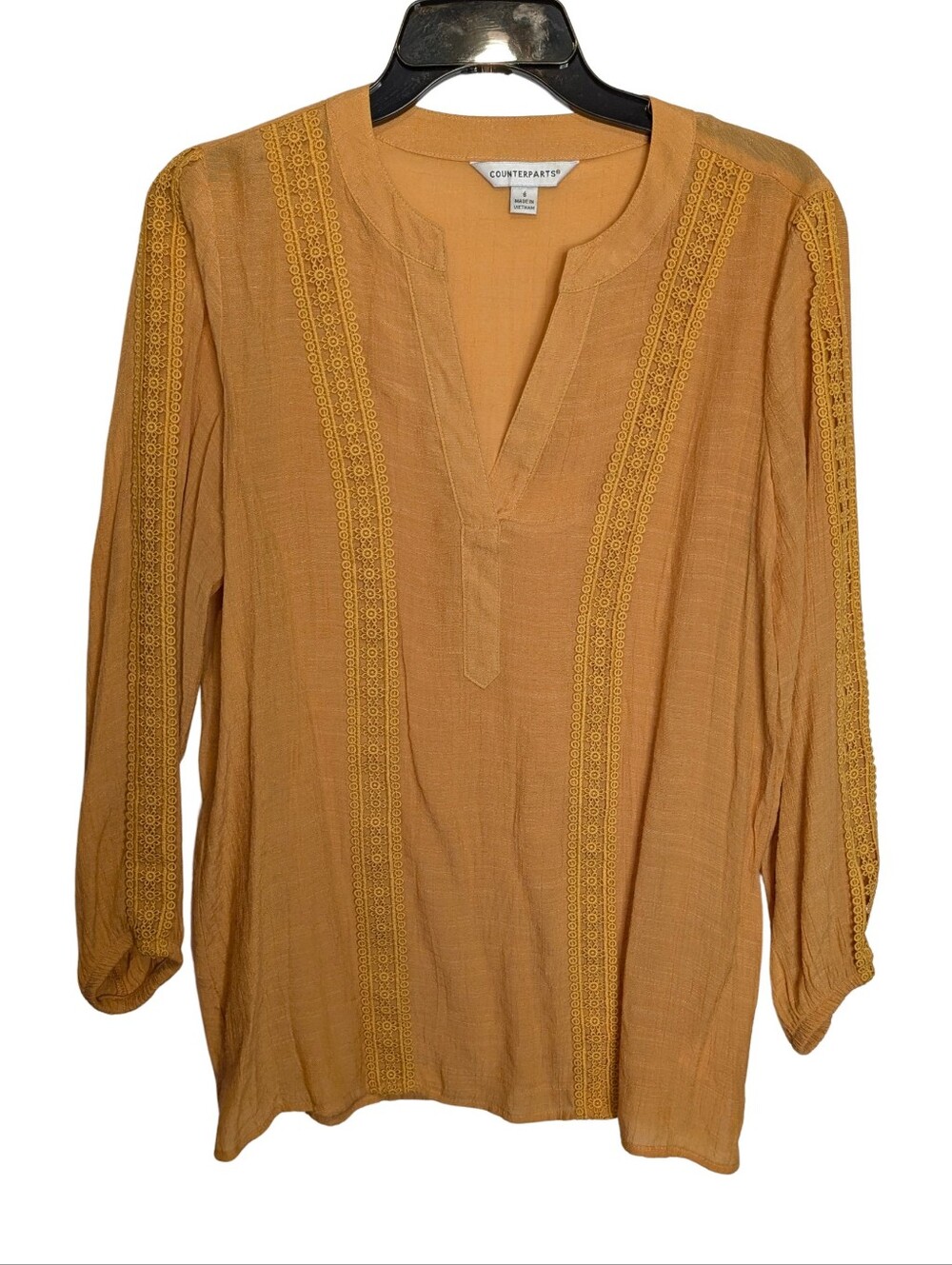 Counterparts Semi Sheer Marigold Color Split-Neck Tunic. Size Small